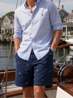 Polo Ralph Lauren Classic Fit Chino Shorts 38 Navy Nautical Embroidered Flags